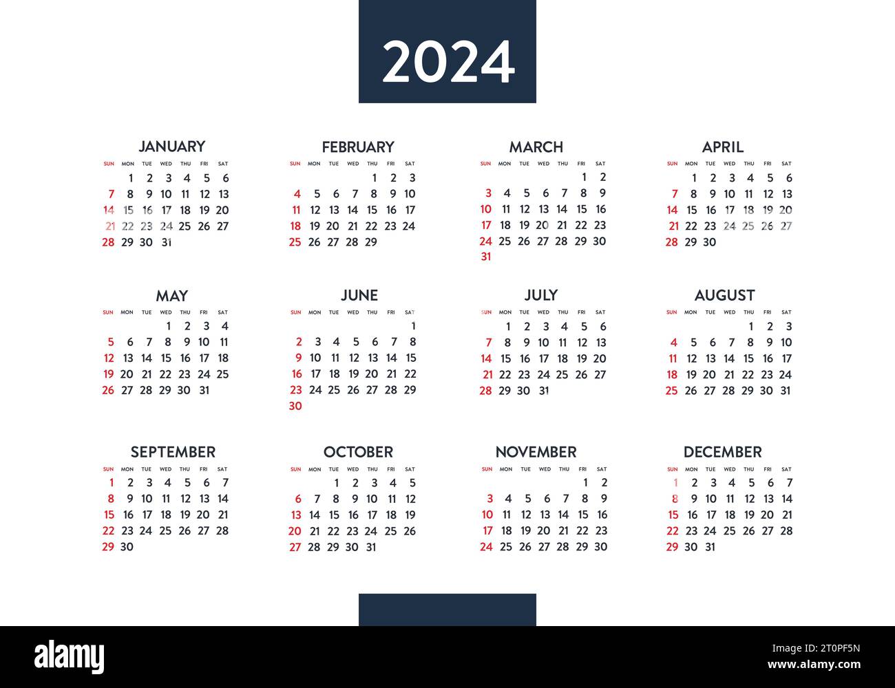 Calendar 2024 year. Black and white vector template. Week starts on ...