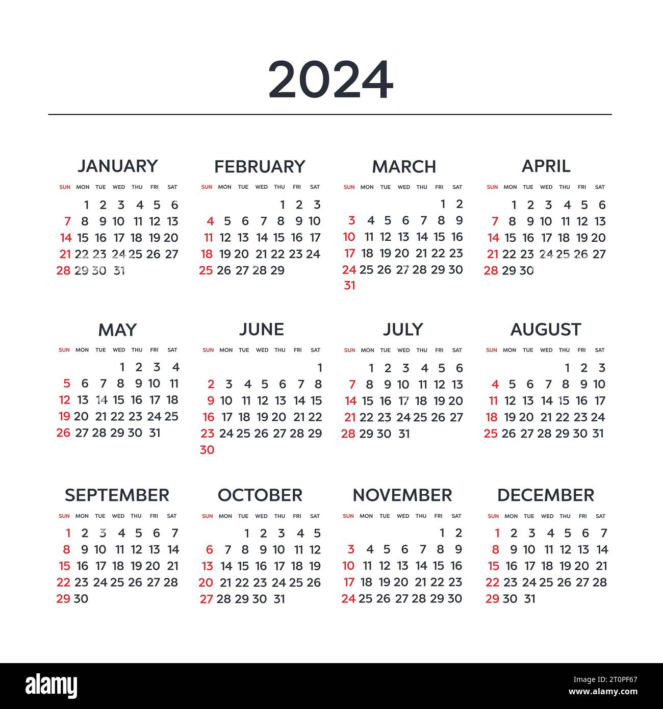 Calendar 2024 year. Black and white vector template. Week starts on ...
