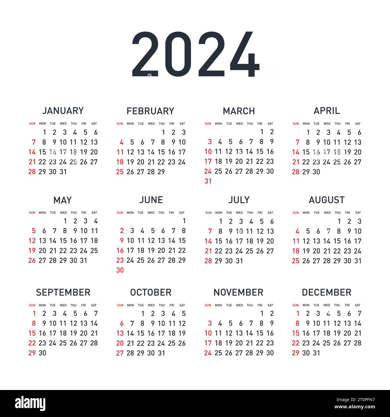 Calendar 2024 year. Black and white vector template. Week starts on ...