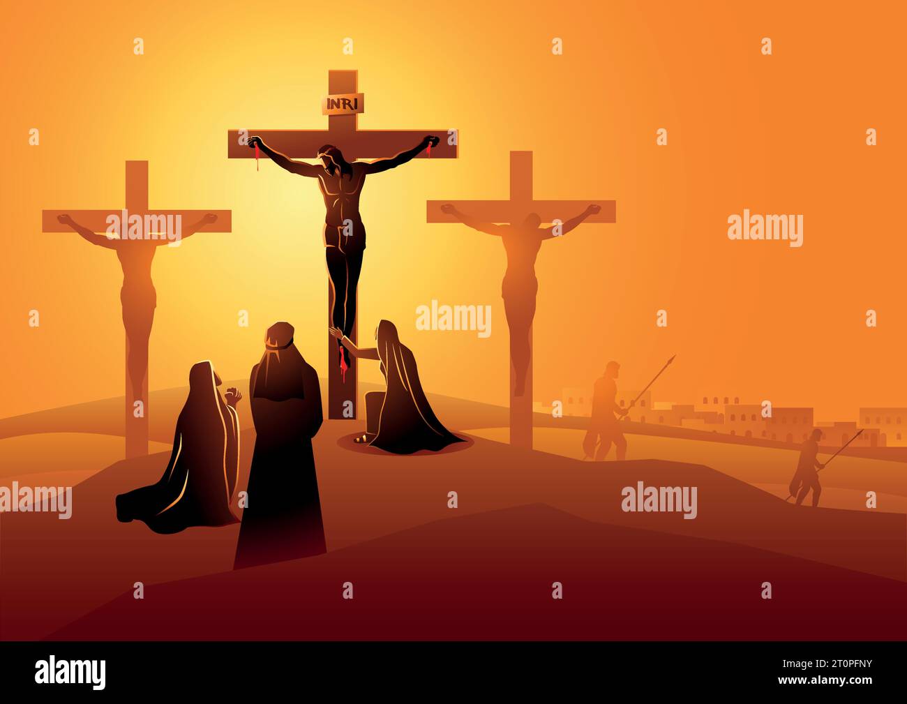 Biblical vector illustration series. Way of the Cross or Stations of the Cross, twelfth station. Mary the Mother of Jesus, John the beloved disciple a Stock Vector