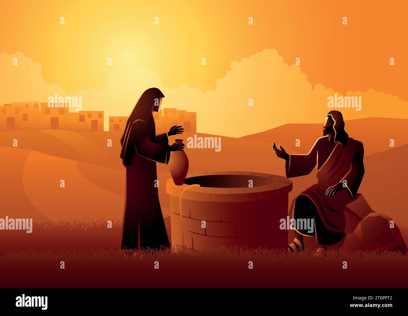 Biblical vector illustration of Jesus talking with Samaritan woman at the Jacob’s well Stock Vector