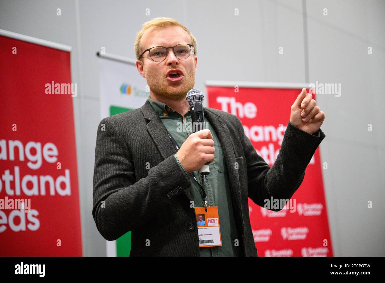London, UK. 8 October 2023. Michael Shanks MP  speaking at ‘Scots Night’ Scottish Labour Party fringe event, during the Labour Party Conference in Liverpool. Photo credit should read: Matt Crossick/Empics/Alamy Live News Stock Photo