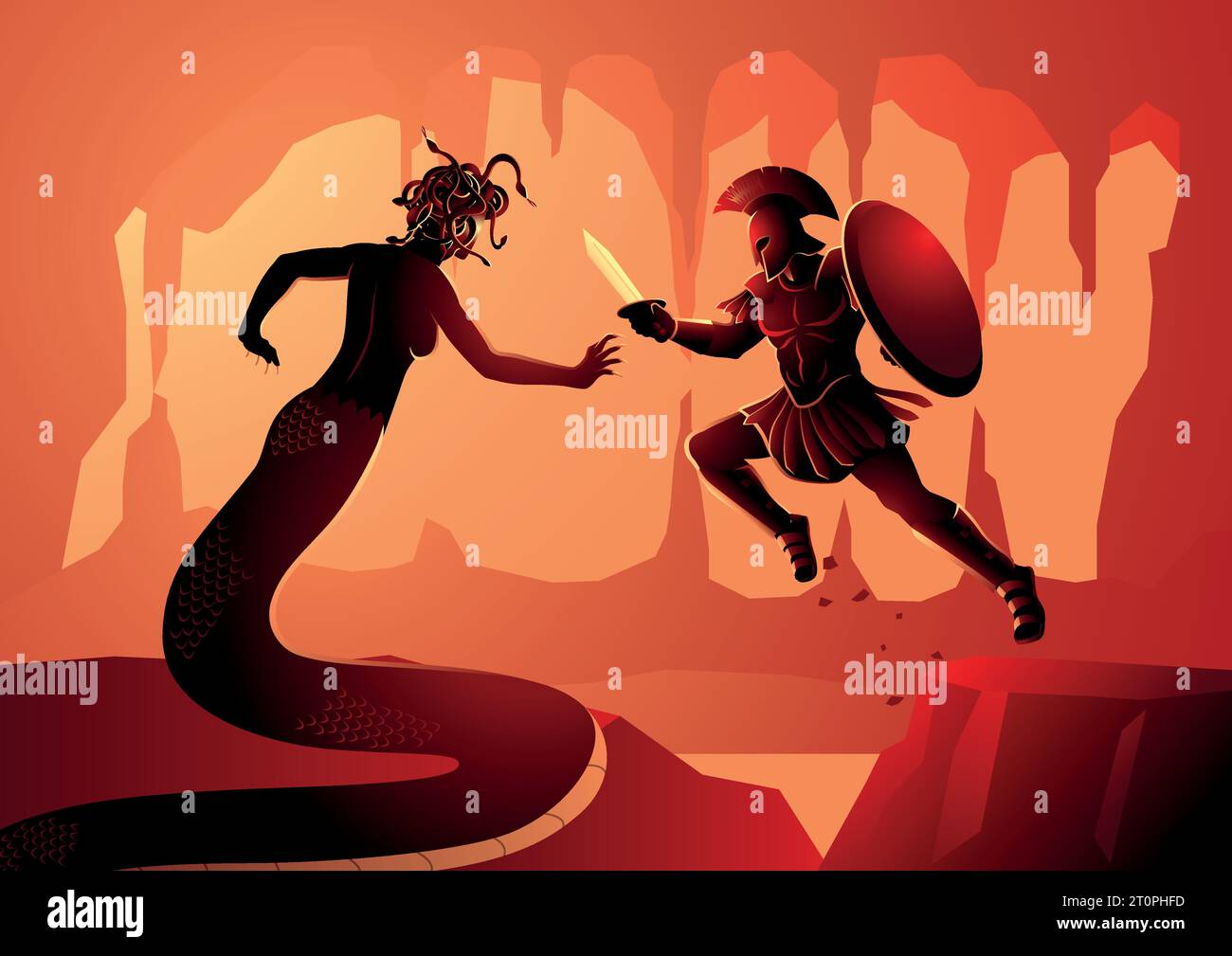 Greek mythology vector illustration of Perseus fighting Gorgon Medusa. Perseus is the legendary founder of Mycenae and of the Perseid dynasty Stock Vector