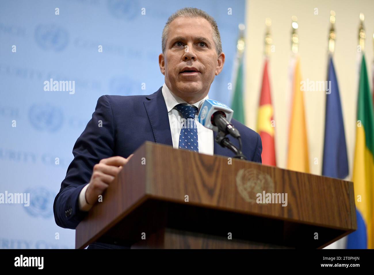 New York, USA. 08th Oct, 2023. Gilad Erdan, Permanent Representative of ...