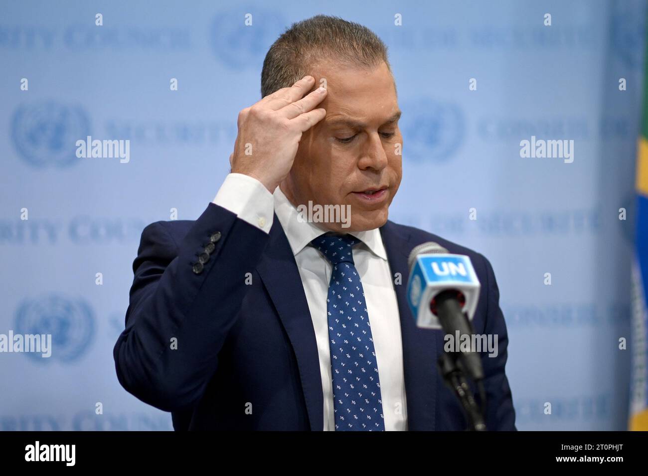New York, USA. 08th Oct, 2023. Gilad Erdan, Permanent Representative of ...