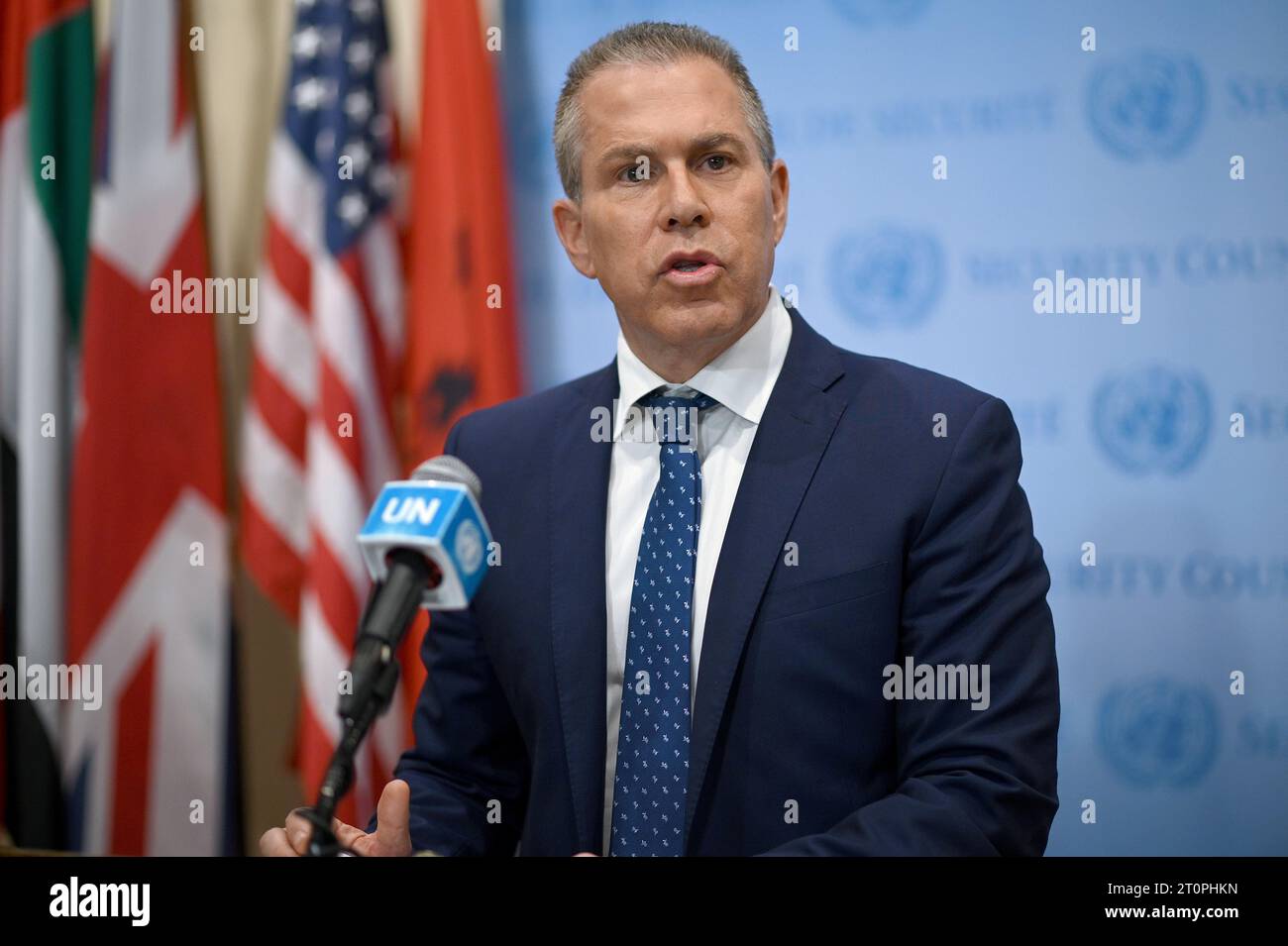 New York, USA. 08th Oct, 2023. Gilad Erdan, Permanent Representative of ...