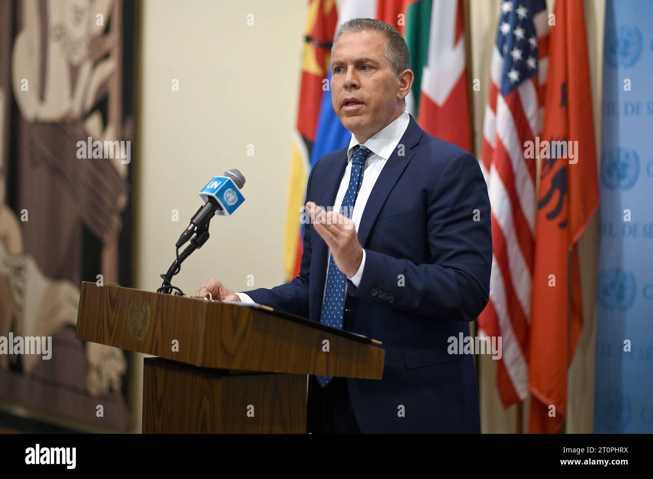New York, USA. 08th Oct, 2023. Gilad Erdan, Permanent Representative of ...