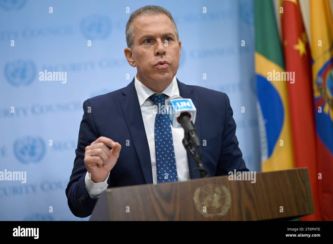 New York, USA. 08th Oct, 2023. Gilad Erdan, Permanent Representative of ...