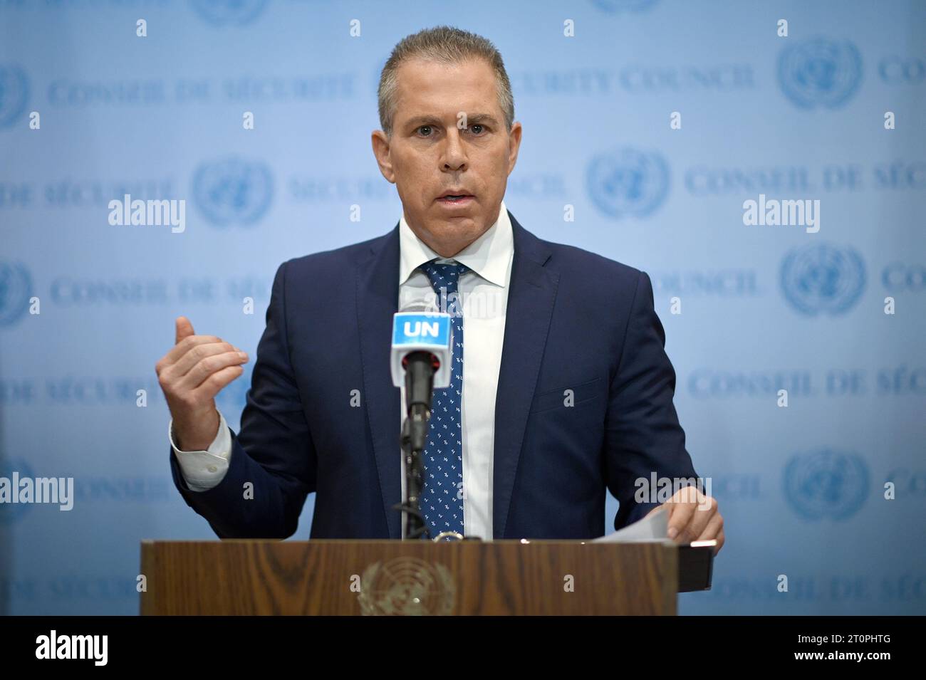 New York, USA. 08th Oct, 2023. Gilad Erdan, Permanent Representative of ...