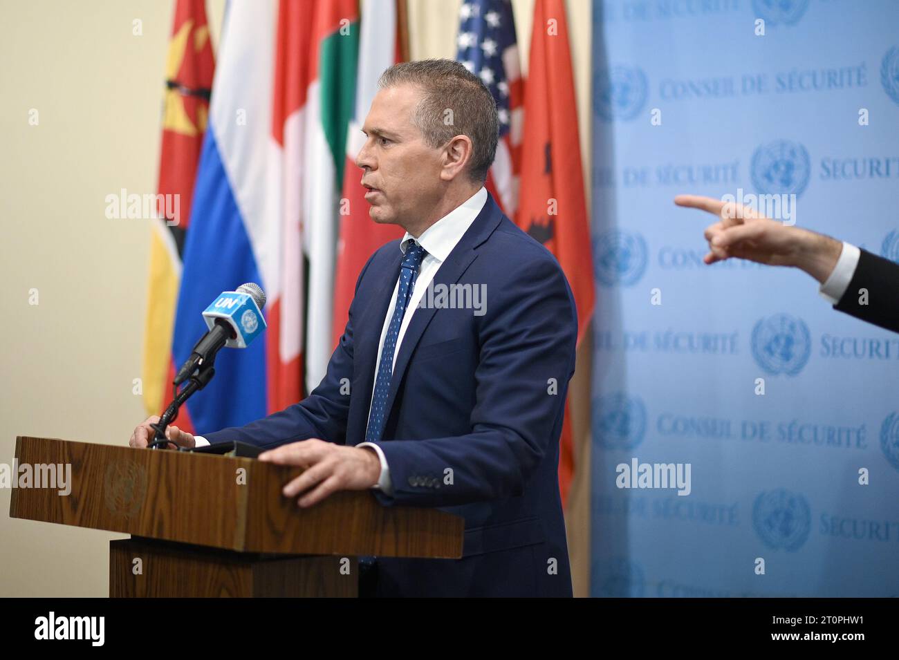 New York, USA. 08th Oct, 2023. Gilad Erdan, Permanent Representative of ...