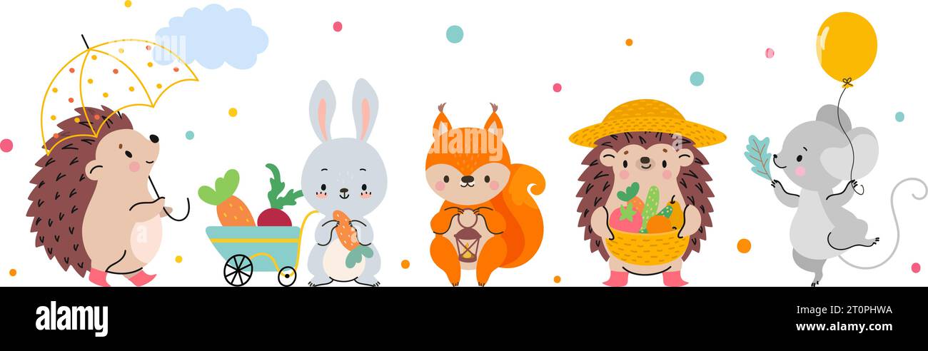 Cute cartoon animals autumn style. Rabbit farmer, funny hedgehogs, mouse with balloon and red fox. Isolated childish vector wild characters Stock Vector