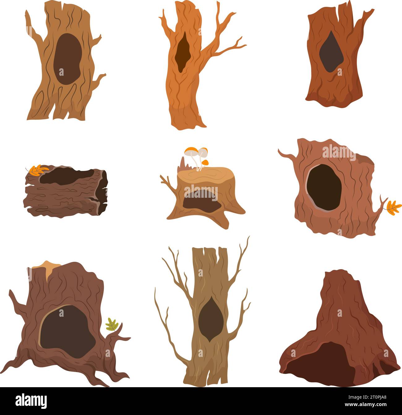 Wooden burrows, tree with holes. Empty animals houses, wood trunks and stump. Forest landscape and woodland elements, nowaday vector cartoon set Stock Vector