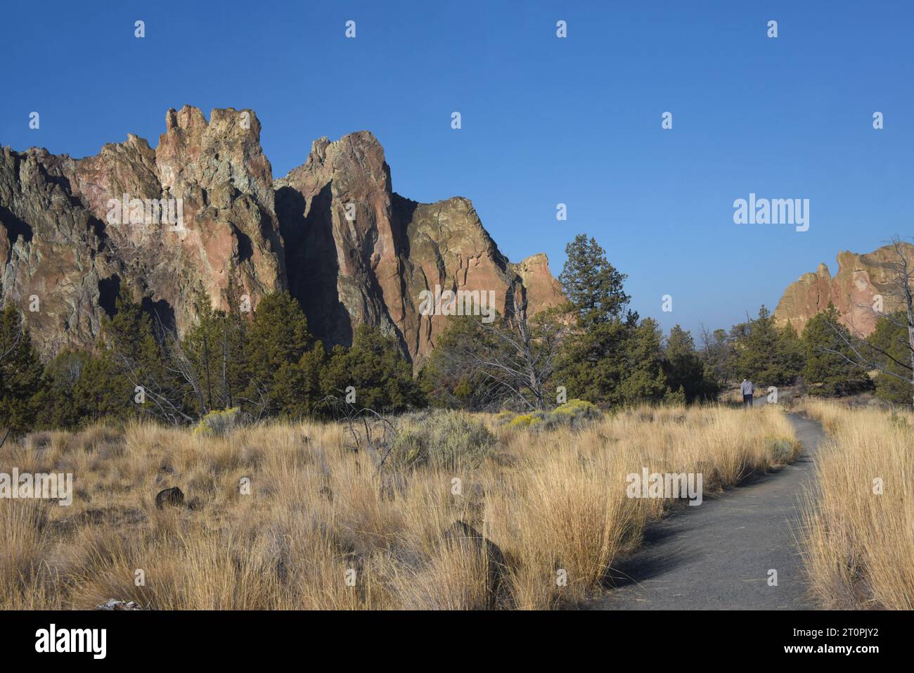 Young man enjoys a morning hike along a curvy trail, in Smith Rock State Park, Oregon.  He is wearing a blue sweatshirt. Stock Photo