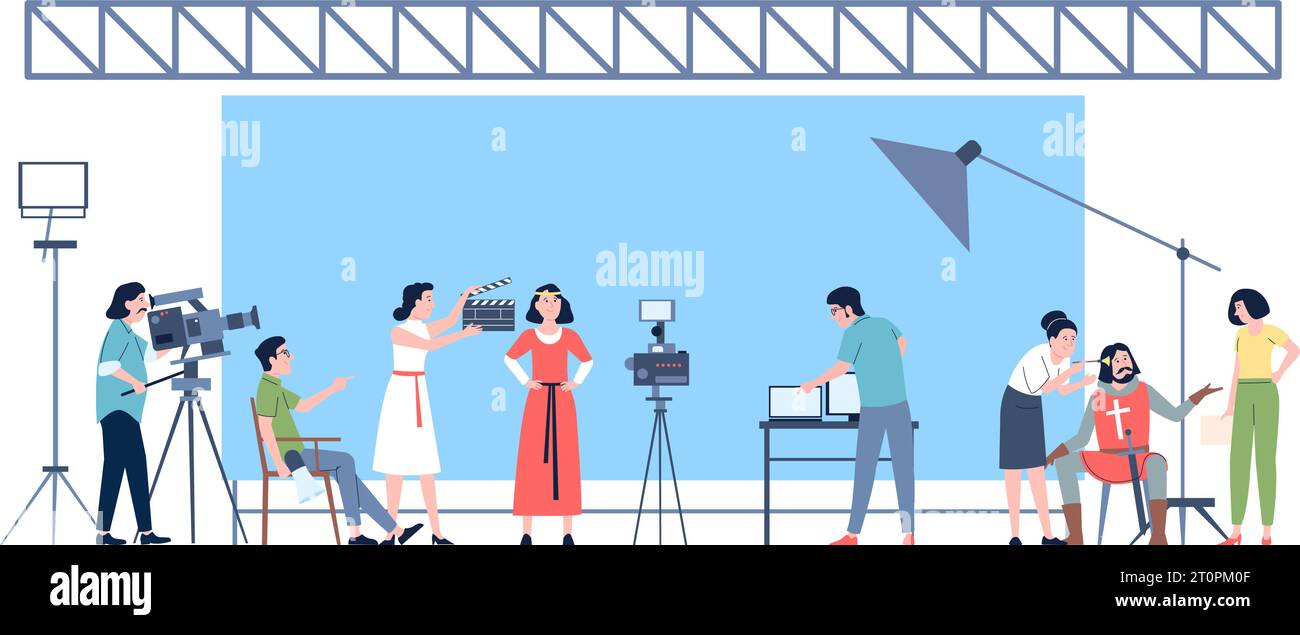 Movie production concept. Film shooting, team working on stage. Actors, operator and director. Entertainment, people making 3d films recent vector Stock Vector