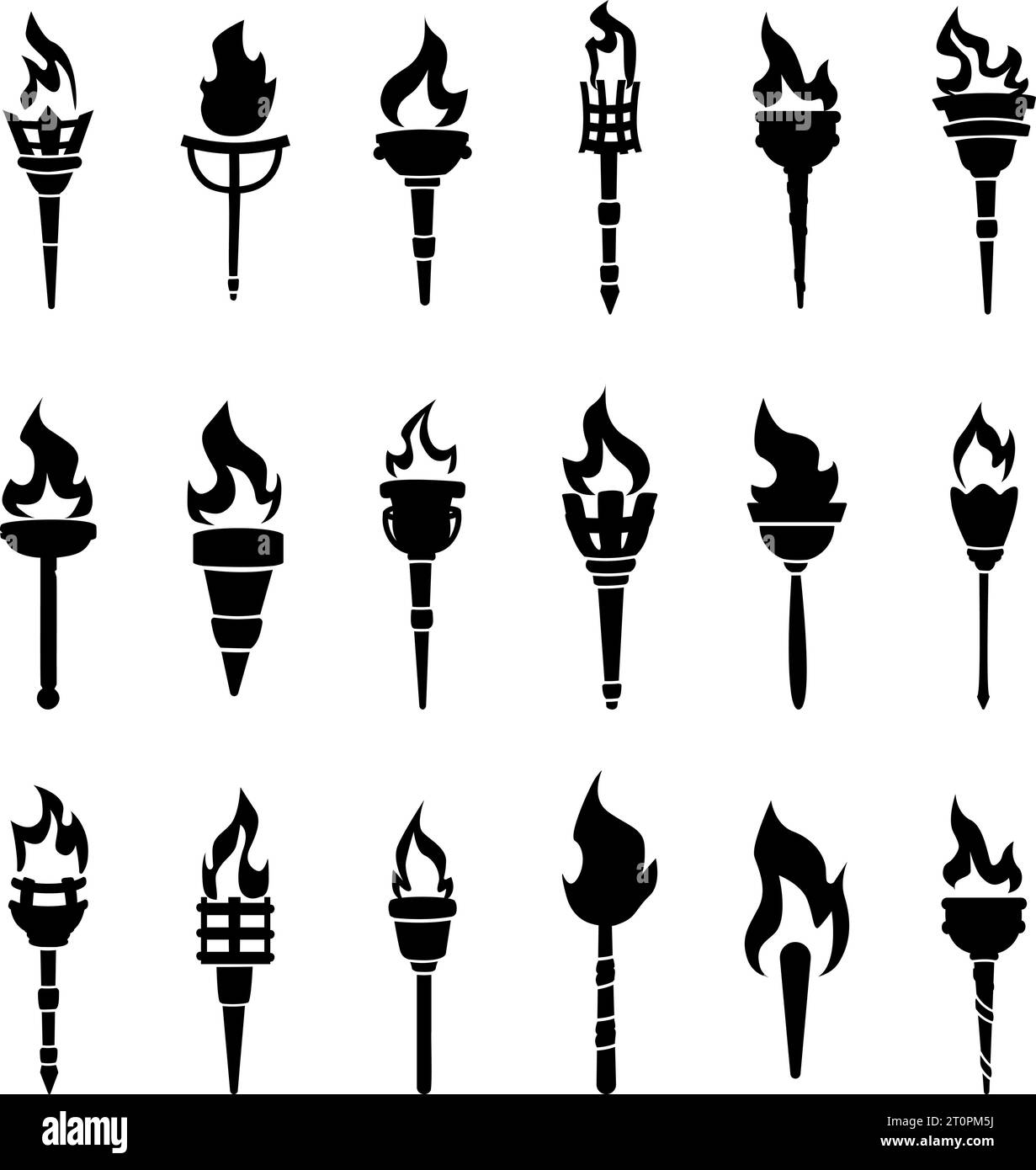 Black torch silhouettes. Isolated torches with flames. Success and leadership symbols, victory in competition icons. Flambeau nowaday vector set Stock Vector