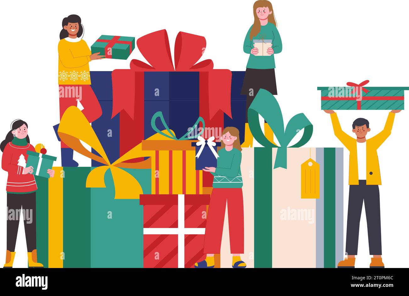 People with giant gifts. Christmas or birthday party, holidays, friends family festive. Cute cartoon teenagers giving presents, splendid vector Stock Vector