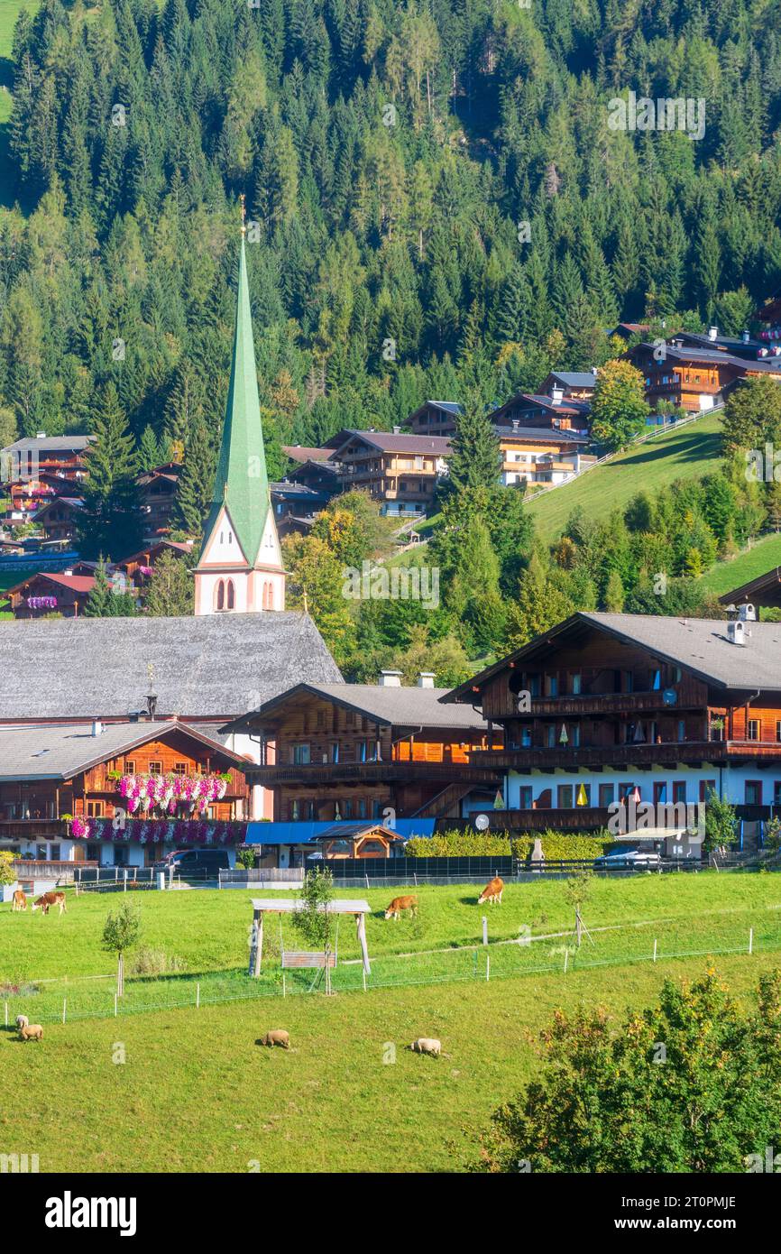Alpbach: village Alpbach, church in Alpbachtal, Tirol, Tyrol, Austria Stock Photo