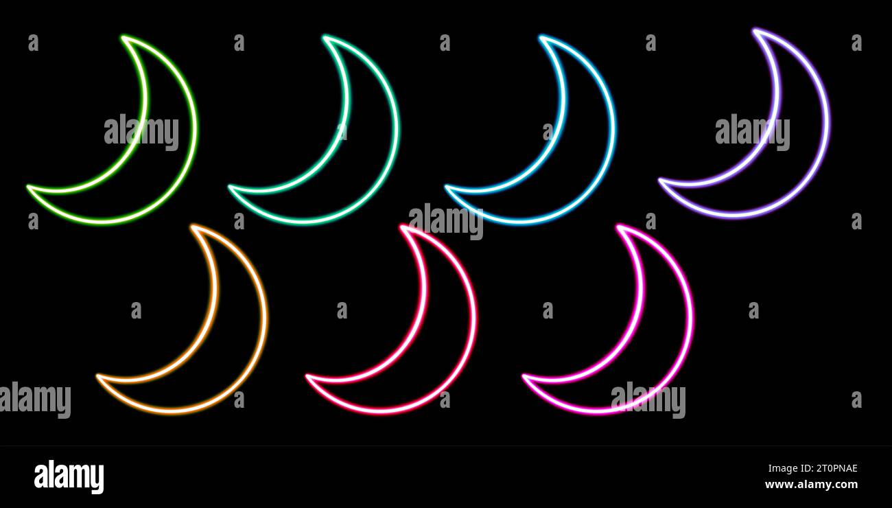 set moon glowing desktop icon, neon moon sticker, neon space figure