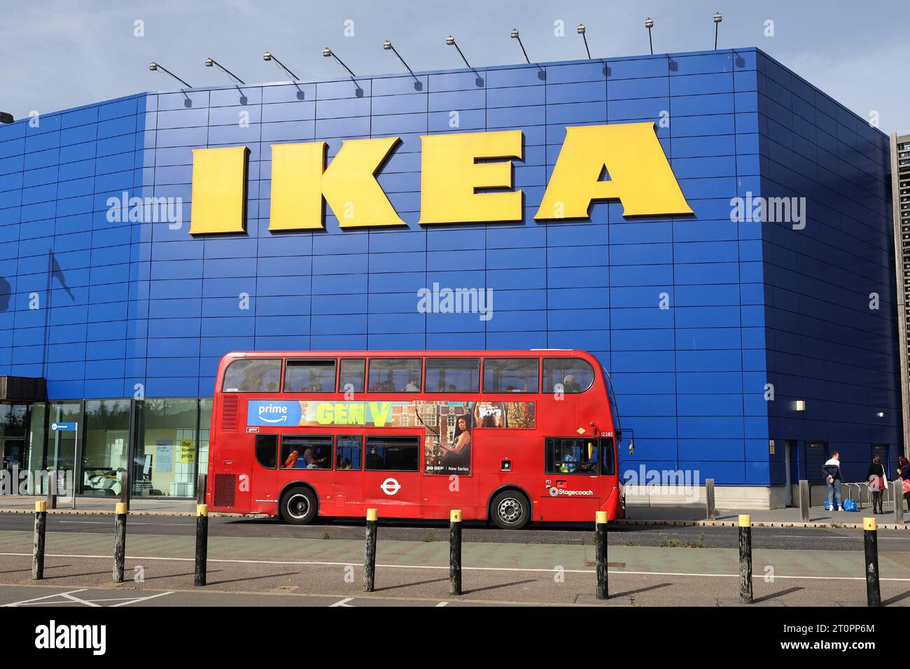 Public bus in front of the IKEA store in Greenwich, London, UK Stock Photo