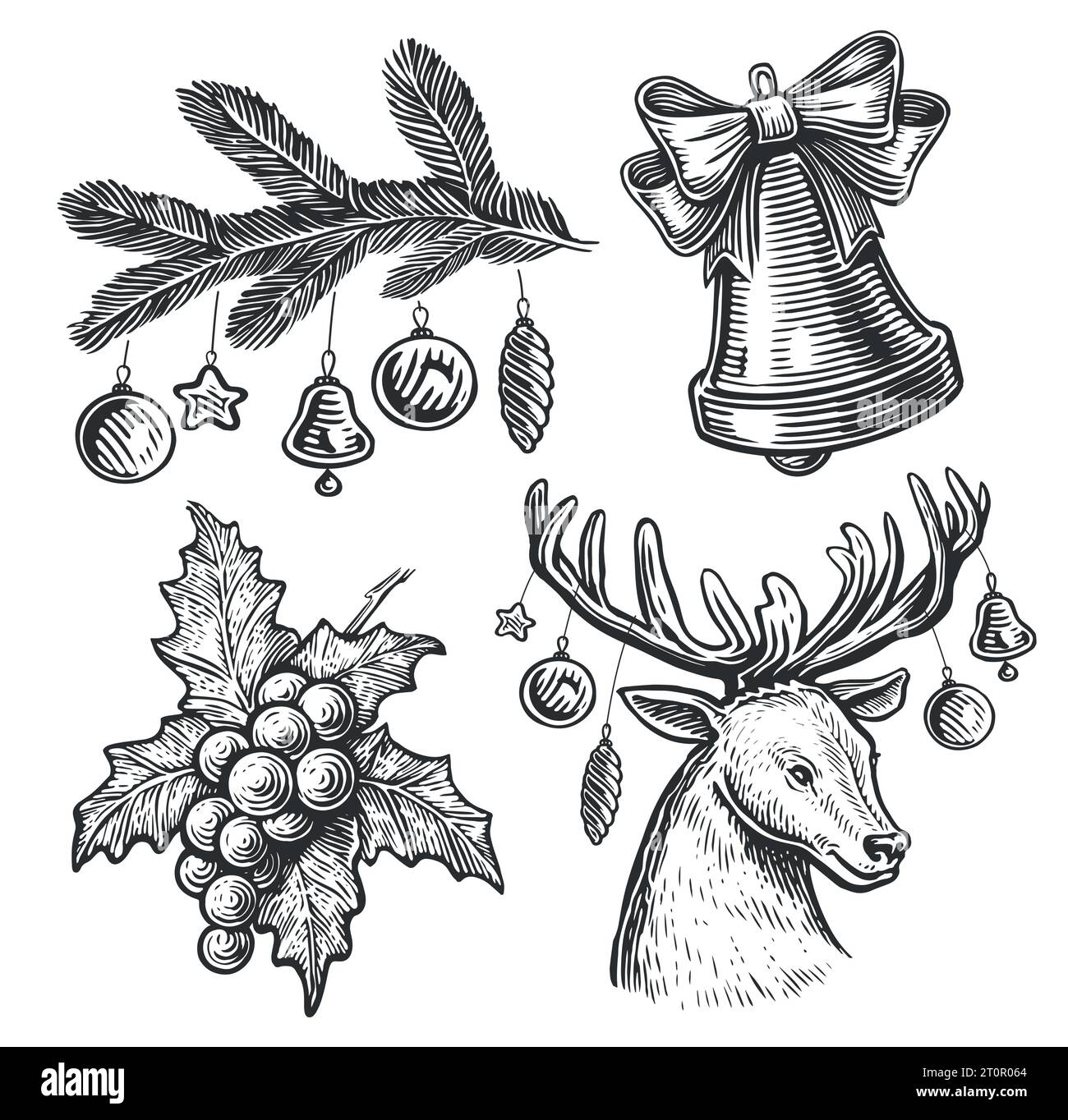 Christmas set vintage sketch vector illustrations engraving style Stock ...