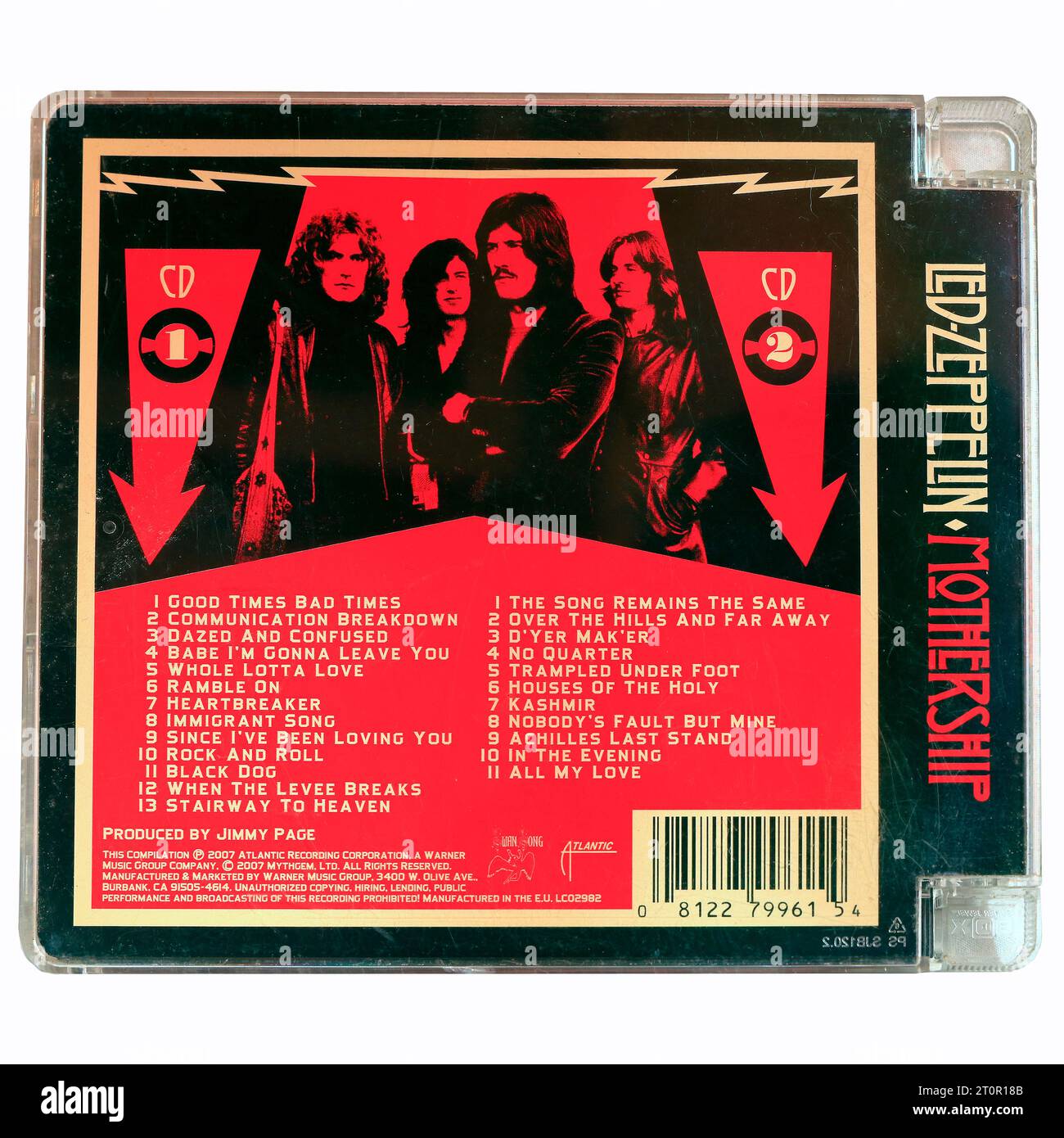 Led Zeppelin - Mothership CD case on light background. Showing reverse and list of tracks. Stock Photo