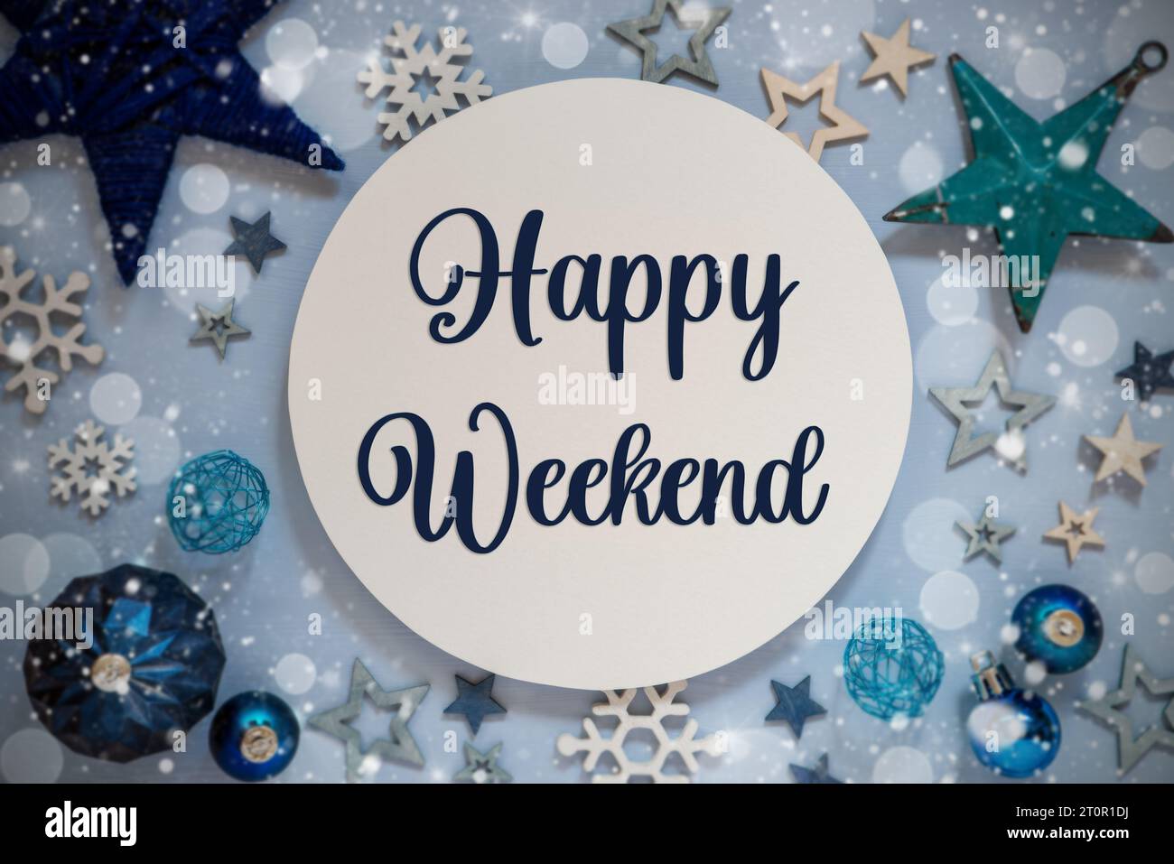 Christmas Decor With Snow And Text Happy Weekend Stock Photo - Alamy