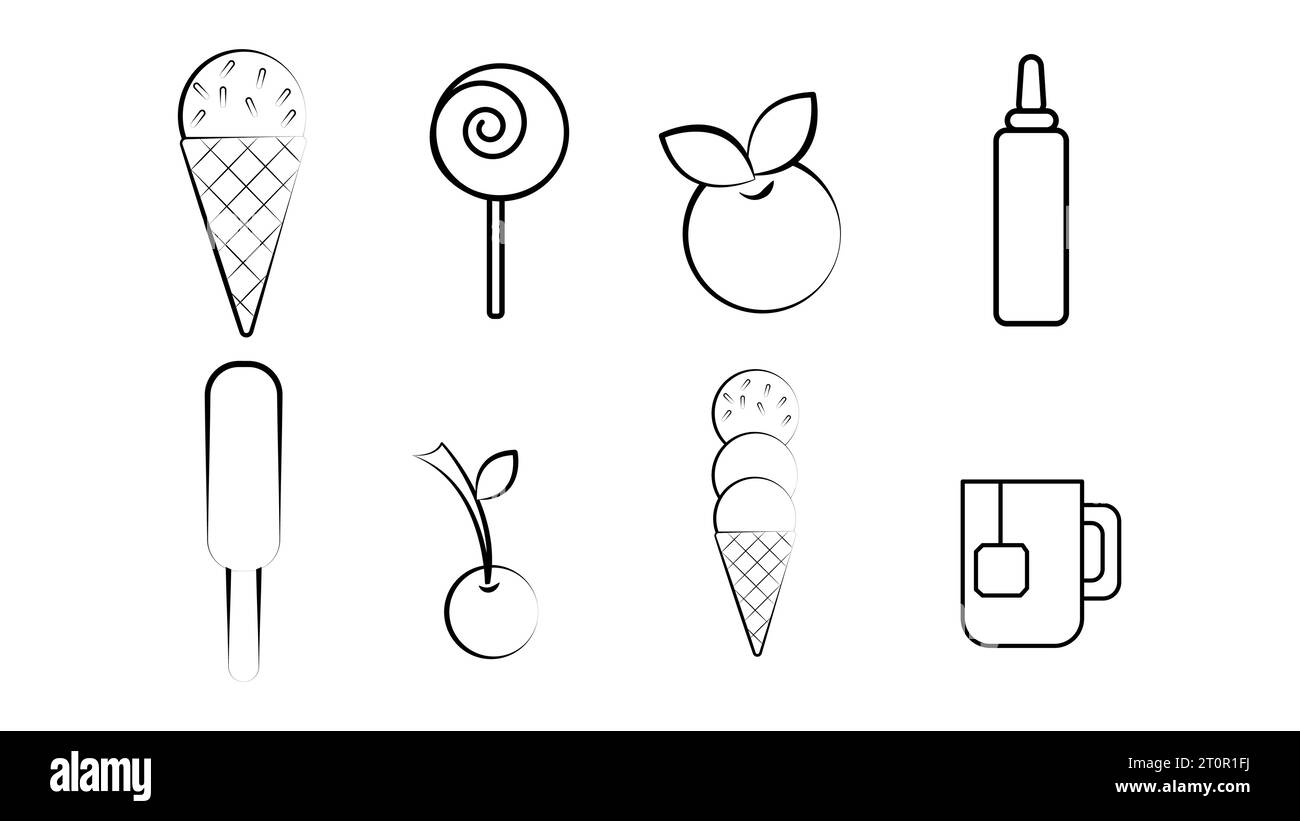 Black and white set of eight icons of delicious food and snacks items for a cafe bar restaurant on a white background: ice cream, candy, berry, ketchu Stock Vector