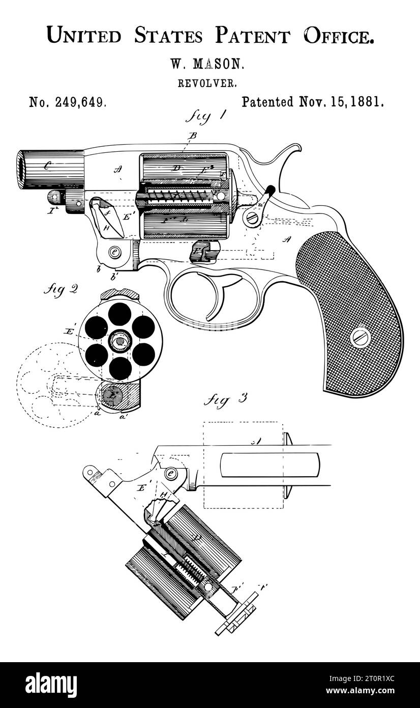 Vintage 1881 Revolver Fire Arm patent Stock Vector