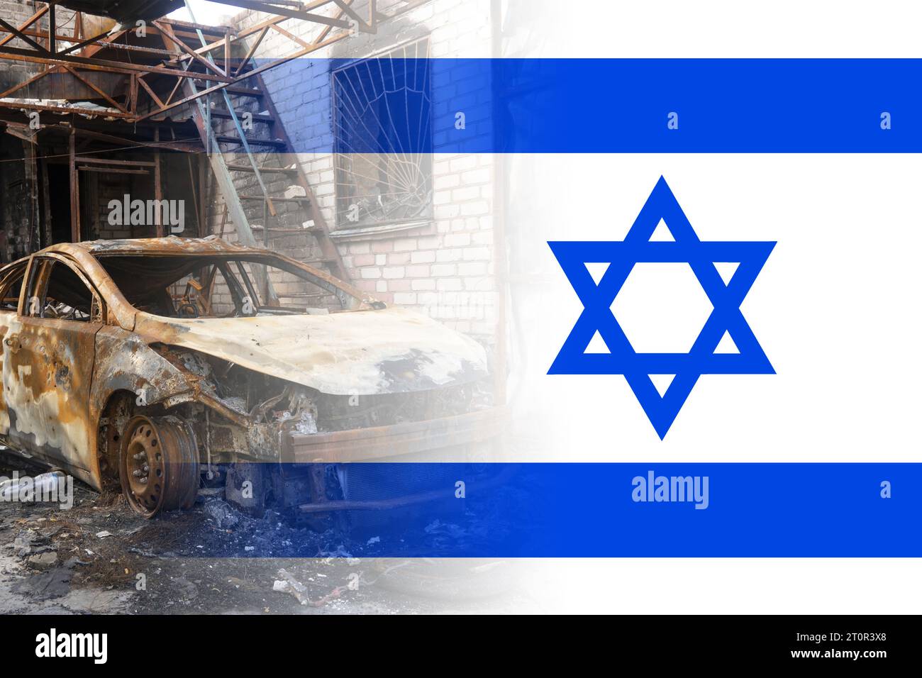 A destroyed civilian car against the background of the Israeli flag. Israeli-Palestinian conflict. Terror of civilians Stock Photo