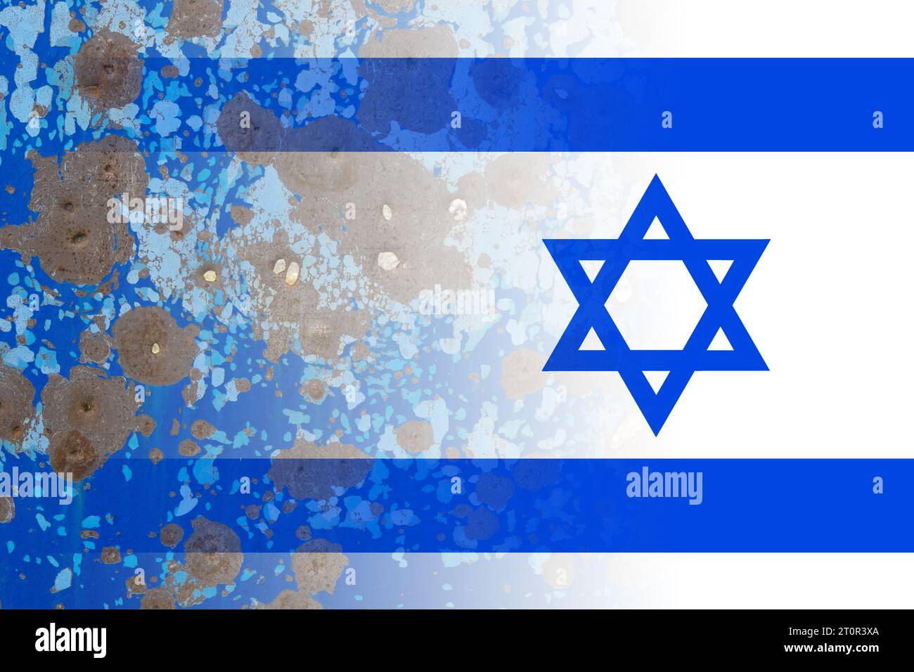 Blue metal sheet of metal with bullet holes on the background of the Israel flag. Israeli-Palestinian conflict. Terror of civilians Stock Photo