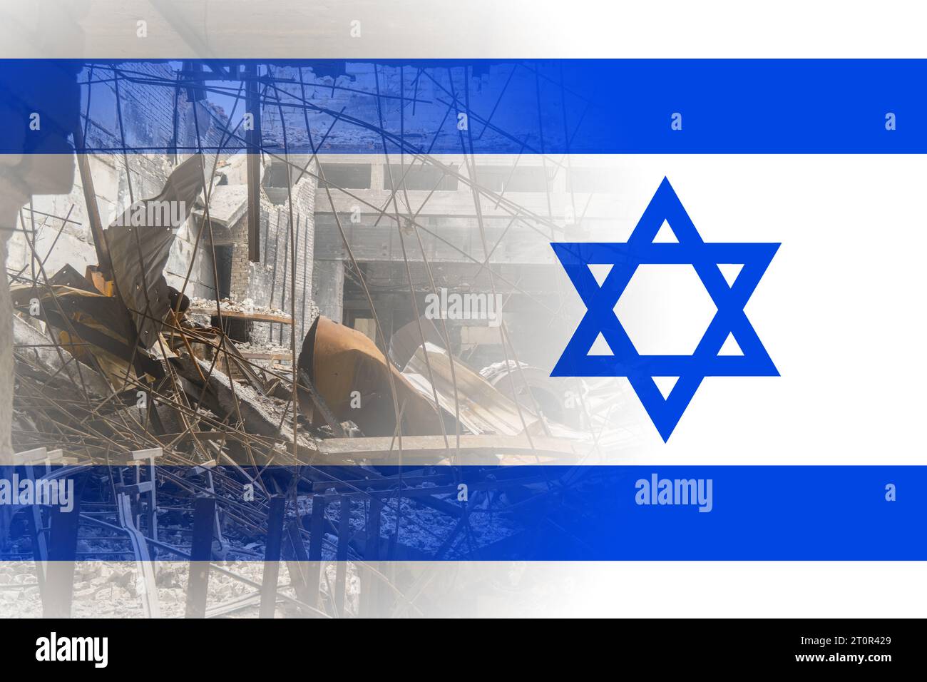 A destroyed residential building against the background of the Israeli flag. Israeli-Palestinian conflict. Terror of civilians Stock Photo