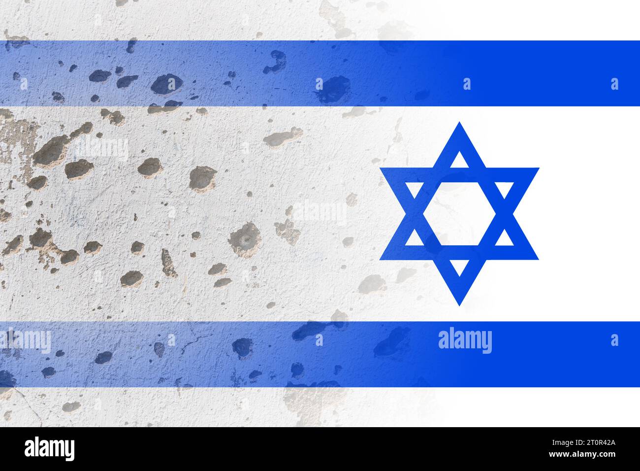 A wall with bullet marks against the background of the Israeli flag. Israeli-Palestinian conflict. Terror of civilians Stock Photo