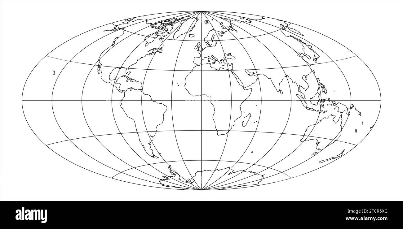Simplified Map of World with latitude and longitude grid. Aitoff