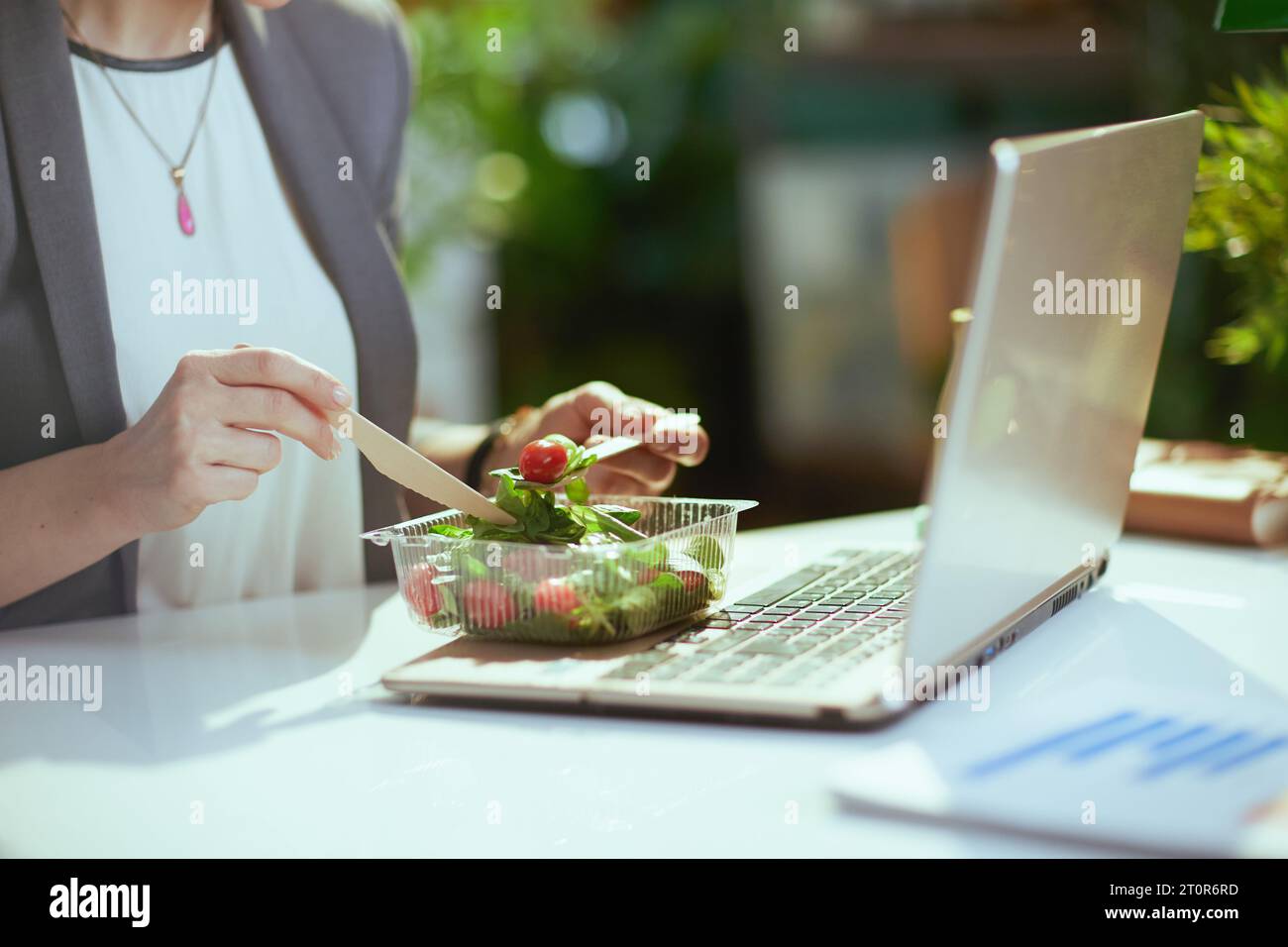 A meal plan for a week. Bowl with vegetable salad in the workplace near the  computer. Lunch in the office during a break between work Stock Photo -  Alamy