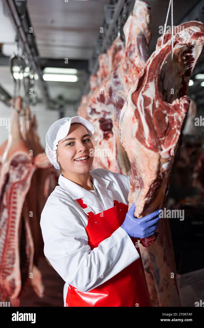 https://c8.alamy.com/comp/2T0R7AF/female-butcher-shop-worker-checking-raw-beef-hanging-in-cold-storage-2T0R7AF.jpg