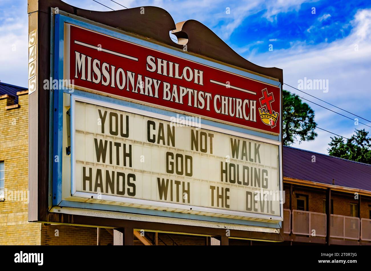Shiloh Missionary Baptist Church displays a message about walking with God on its church sign, Oct. 7, 2023, in Moss Point, Mississippi. Stock Photo