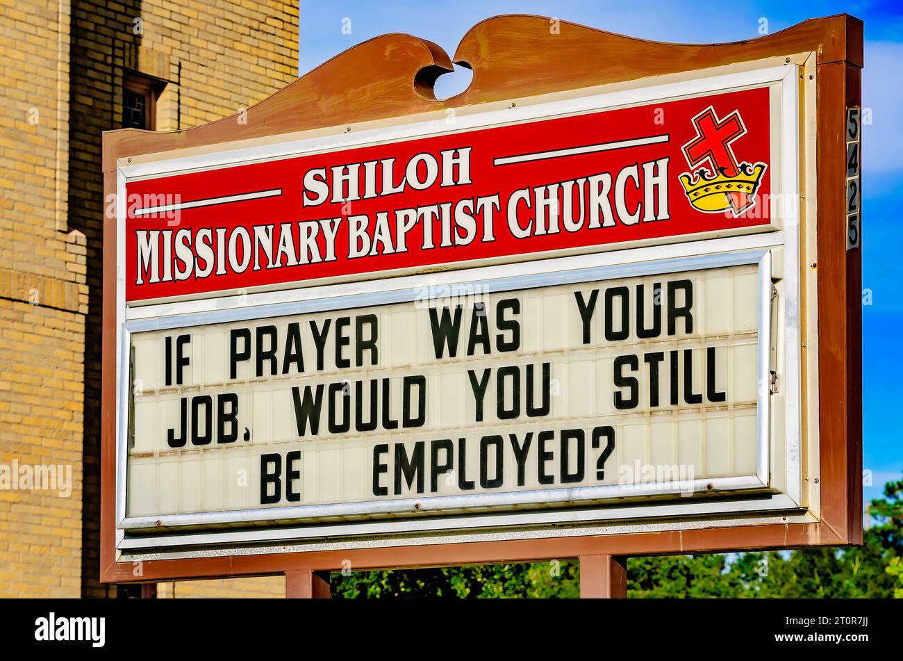 Shiloh Missionary Baptist Church displays a message about prayer on its church sign, Oct. 7, 2023, in Moss Point, Mississippi. Stock Photo
