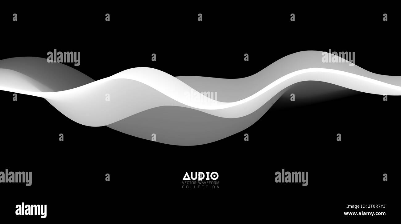 Sound wave visualiztion. 3D black and white solid waveform. Voice sample pattern. Stock Vector