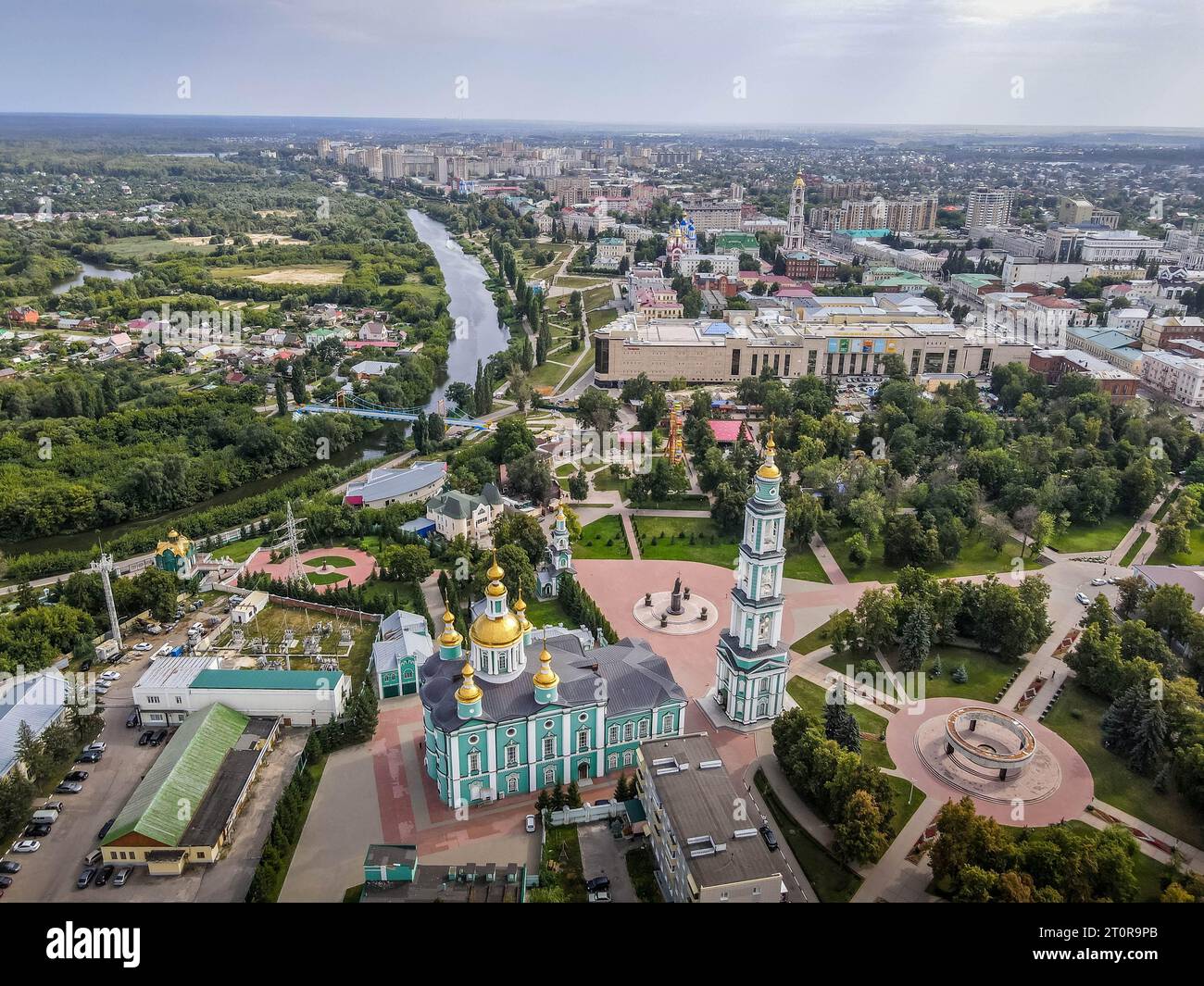 The aerial panorama of Tambov, the city in the southern Russia, with the river Tsna, the bridge, Spaso-Preobrazhenskiy Orthodox Cathedral, the park an Stock Photo