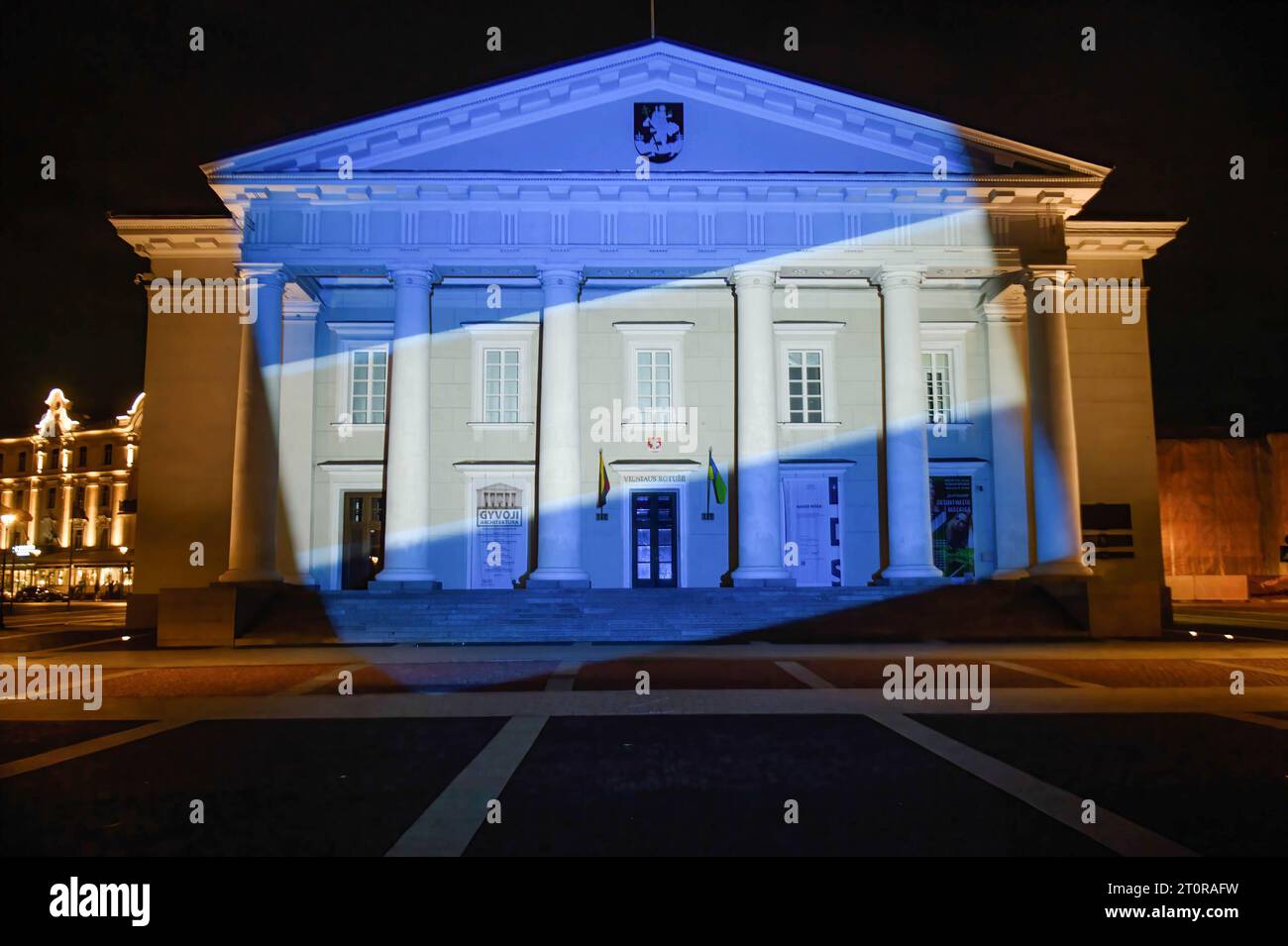 Vilnius city hall is illuminated in white and blue in solidarity with the people of Israel. Stock Photo
