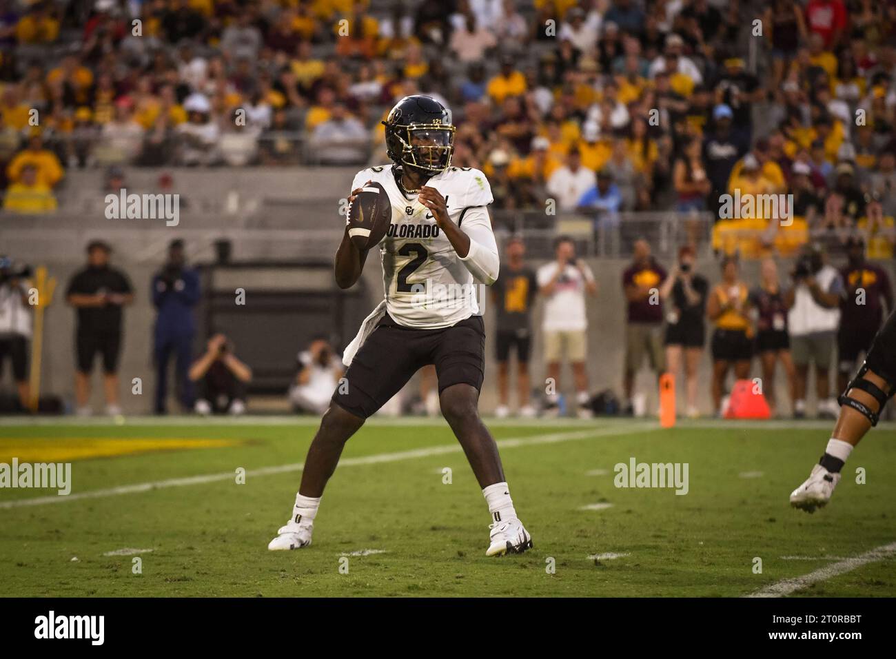 Colorado Buffaloes quarterback Shedeur Sanders (2) looks down field in