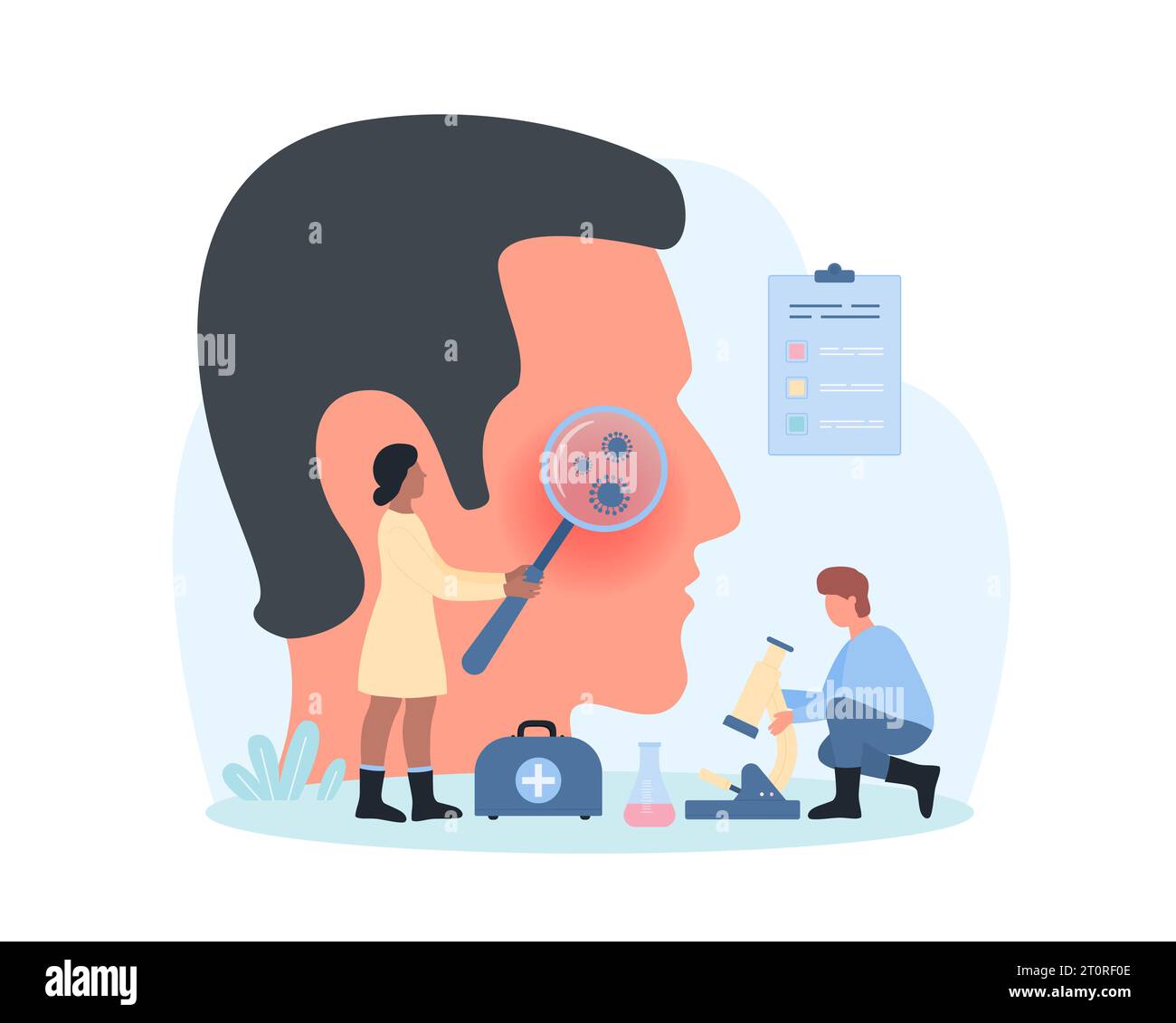 Skin microbiome research, dermatology vector illustration. Cartoon tiny