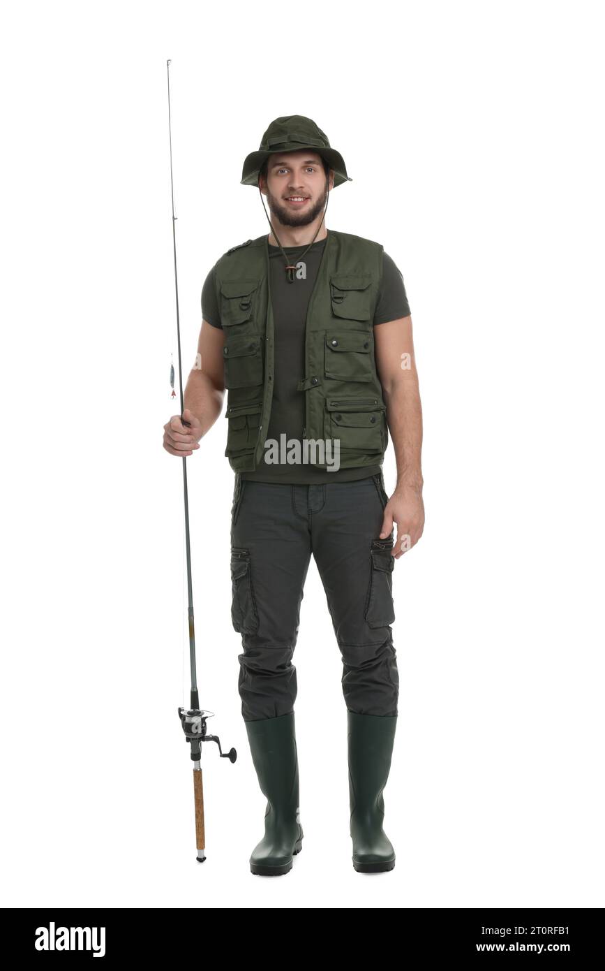 Fisherman with fishing rod isolated on white Stock Photo - Alamy