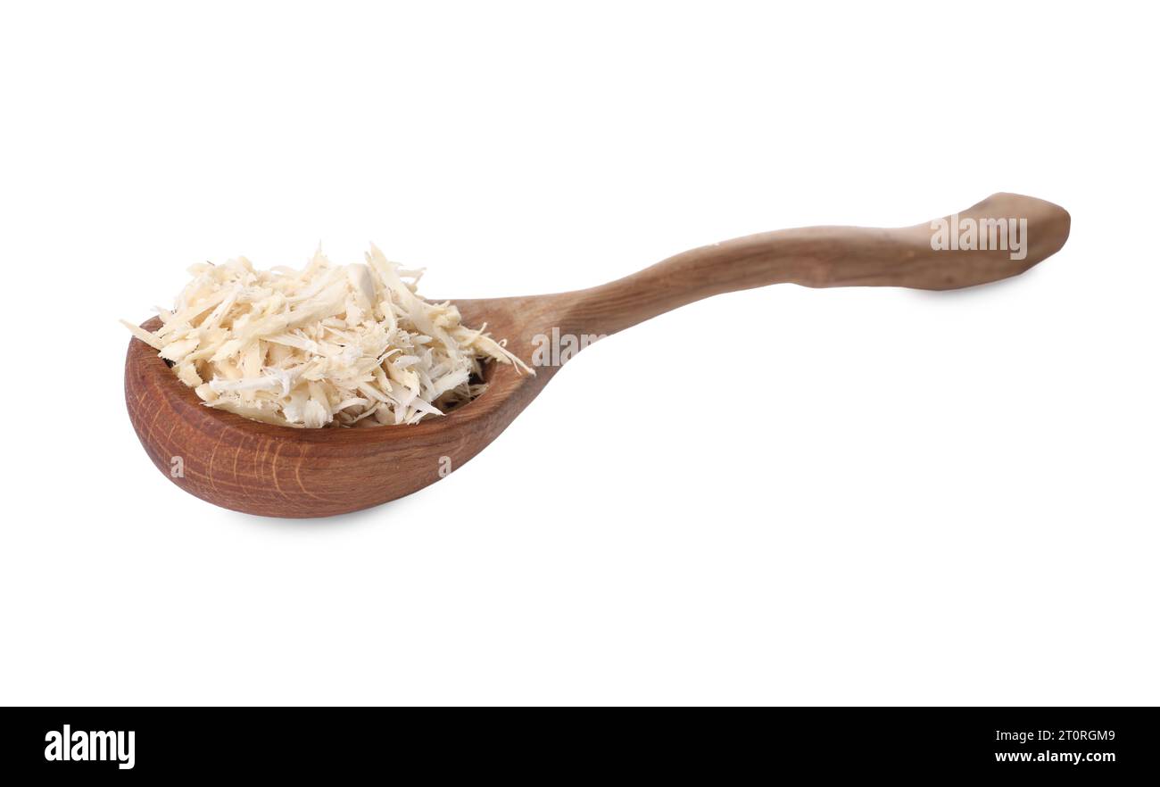 Spoon with grated horseradish isolated on white Stock Photo