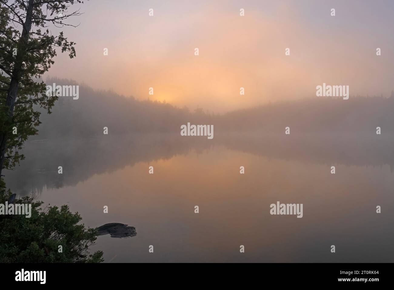 Morning Fog as the Sun Emerges on Jenny Lake in the Boundary Waters Canoe Area in Minnesota Stock Photo
