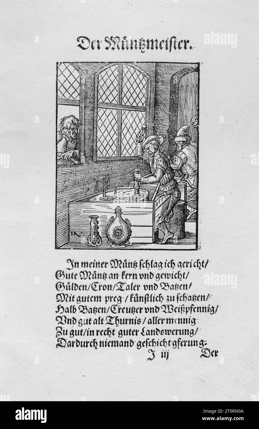 Der Münzmeister (The Mint Master) – an engraving by Jost Amman. Frankfurt, 1568. Stock Photo