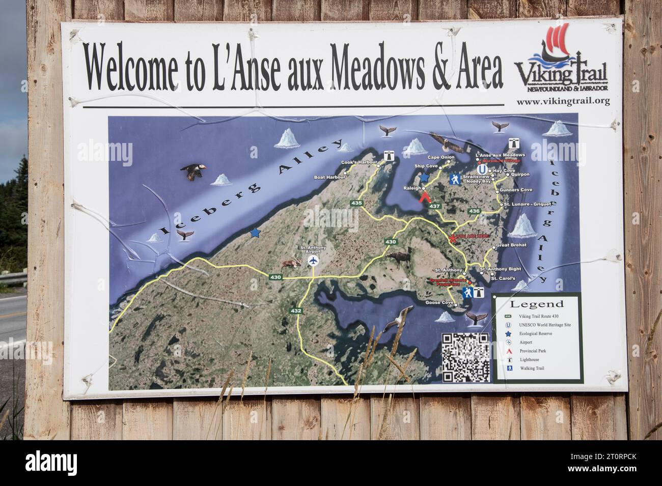 Welcome to L’Anse aux Meadows sign in Newfoundland & Labrador, Canada Stock Photo