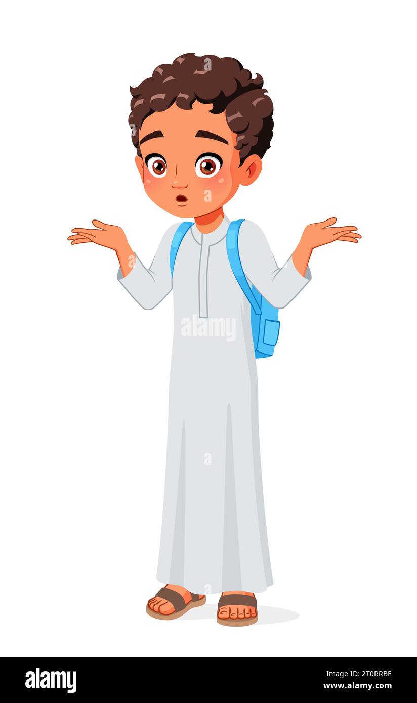 Confused Arab school boy shrugging shoulders. Cartoon vector illustration. Stock Vector