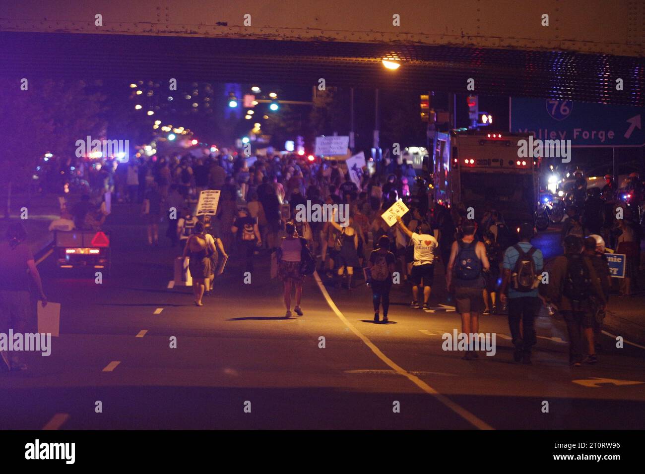 07252016 - Philadelphia, Pennsylvania, USA: Protesters outside DNC after Bernie Sanders talks after Hillary Clinton gets the nomination for president during roll call on the second day of the Democratic National Convention. (Jeremy Hogan/Polaris) Stock Photo