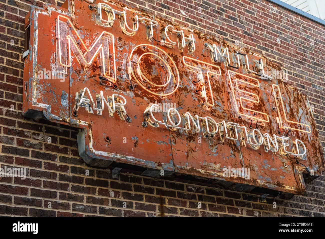 Vintage neon sign from the 1948 air conditioned Dutch Mill Motel in Downtown Duluth, Georgia, at Parson's Alley. (USA) Stock Photo